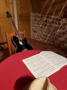 hebergement-campagne-oreilles-delicates-cuisine-salon-table-partitions-guitare-chapeau-paille-vacances   